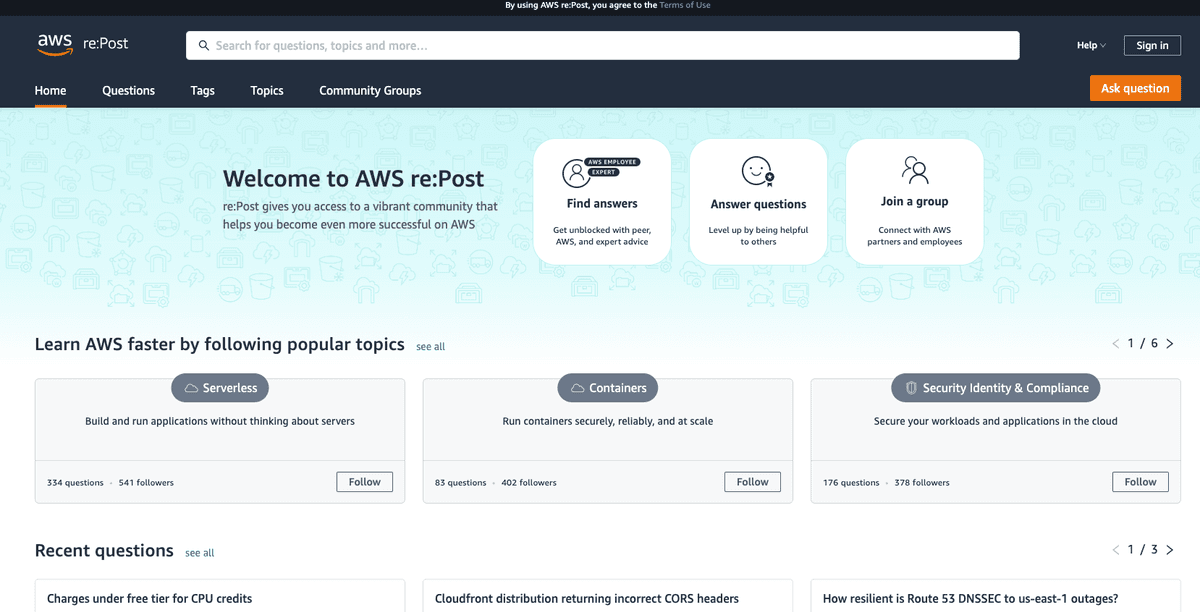 AWS re:Postのトップ画面