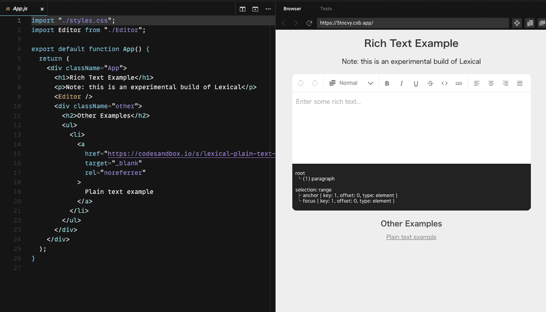 Lexicalのサンプルコードと表示結果