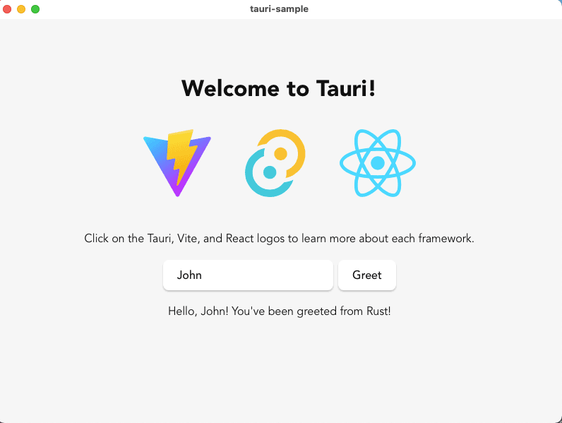 tauriの初期テンプレートを起動したときの画面