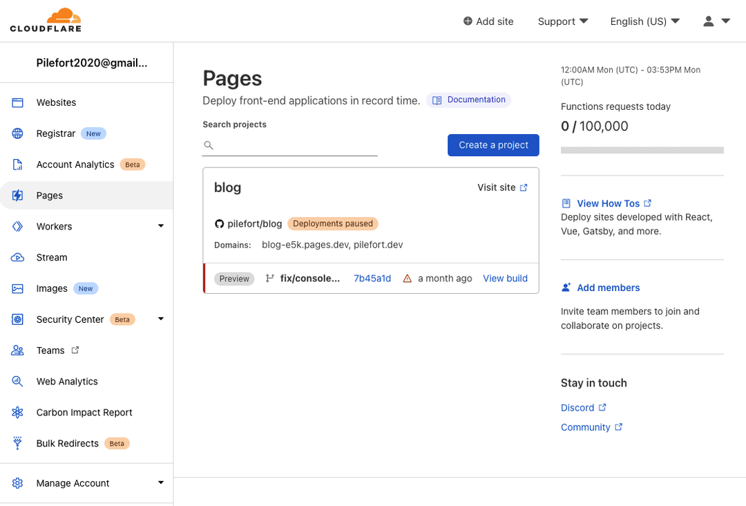 Cloudflare Pagesのダッシュボード