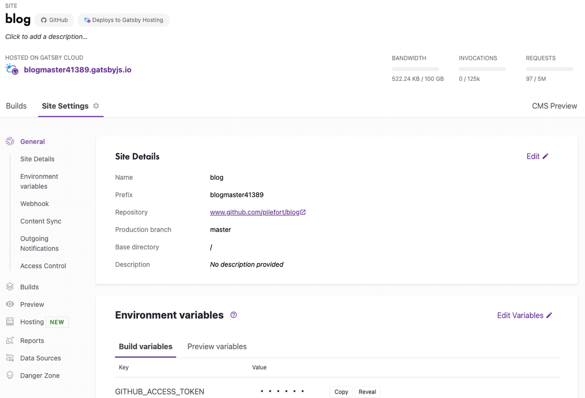Gatsby Cloudのダッシュボード