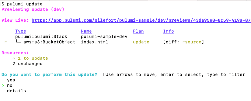 pulumiでの再デプロイ時の様子 (差分が表示される)
