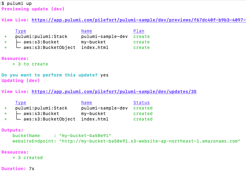 pulumiでデプロイしたときの様子