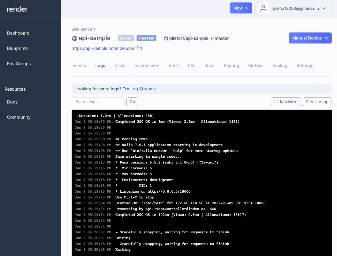 Renderのダッシュボード
